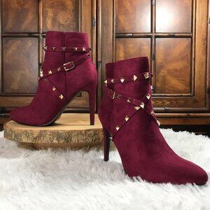 Burgundy Faux Suede Gold Pyramid Stud Strappy Bootie